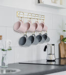 Wall Mounted Coffee Mug Cup Holder Gold Metal Rack- 8 Hooks