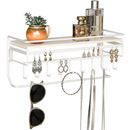 Hanging Jewelry Organizer with 9 Hooks and White Wood Shelf (White Metal)