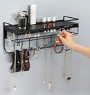 Hanging Jewelry Organizer with 9 Hooks and Bamboo Bamboo Shelf (Black Metal)