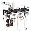 Hanging Jewelry Organizer with 9 Hooks and Bamboo Bamboo Shelf (Black Metal)