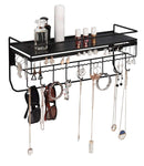 Hanging Jewelry Organizer with 9 Hooks and Bamboo Bamboo Shelf (Black Metal)