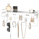 Hanging Jewelry Organizer with 9 Hooks and Bamboo Bamboo Shelf (White Metal)