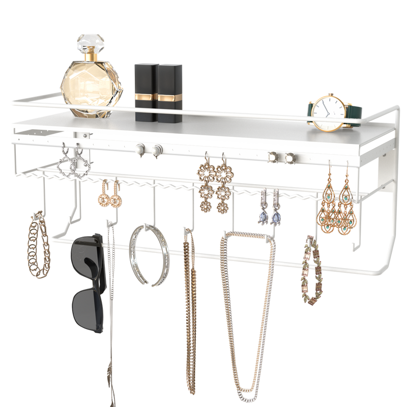 Hanging Jewelry Organizer with 9 Hooks and Bamboo Bamboo Shelf (White Metal)