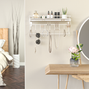 Hanging Jewelry Organizer with 9 Hooks and Bamboo Bamboo Shelf (White Metal)