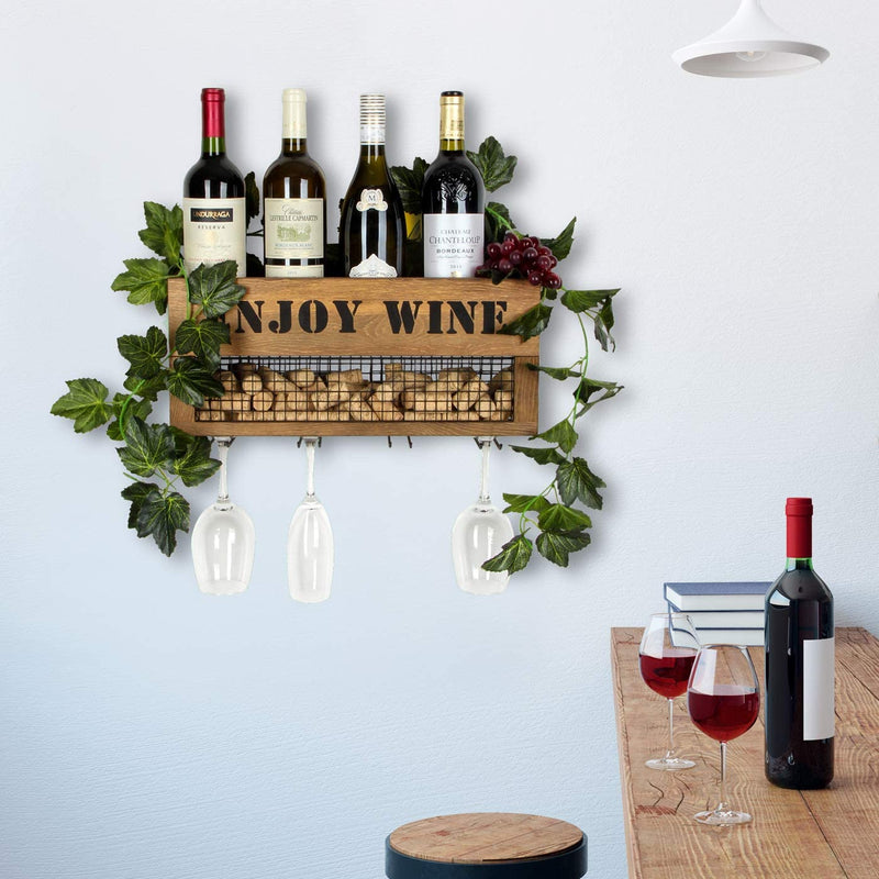 Wall Mount Metal and Wood Wine Bottle Rack with 4 Glass Holder
