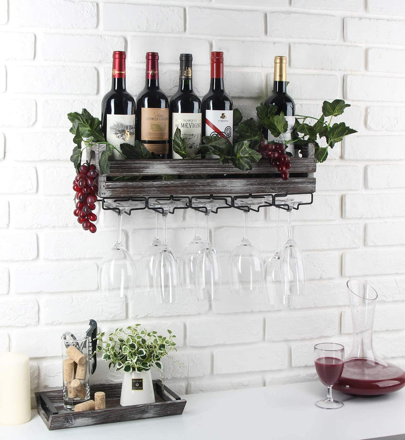 Wall Mount Metal and Wood Wine Bottle Rack with 5 Glass Holder