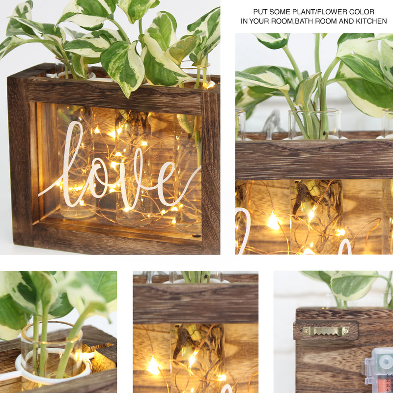 3 Glass Planter Propagation Wooden Stand with Waterproof LED Fairy Lights