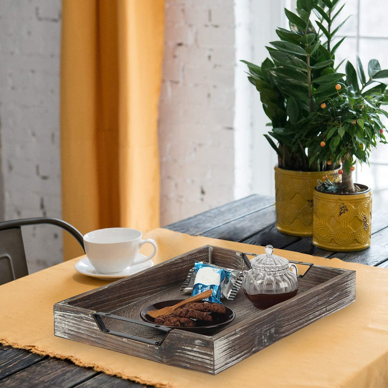 Rustic Wood Serving Tray with Metal Handles