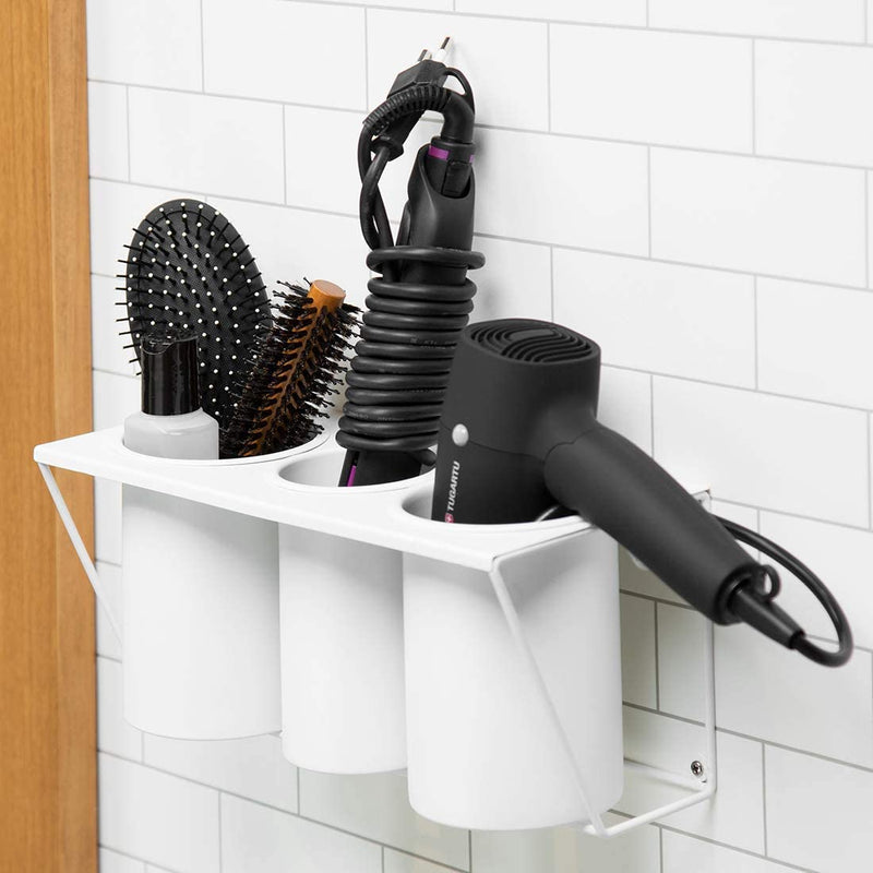 Wall Mount White Hair Dryer Holder Stand with 3 Compartments