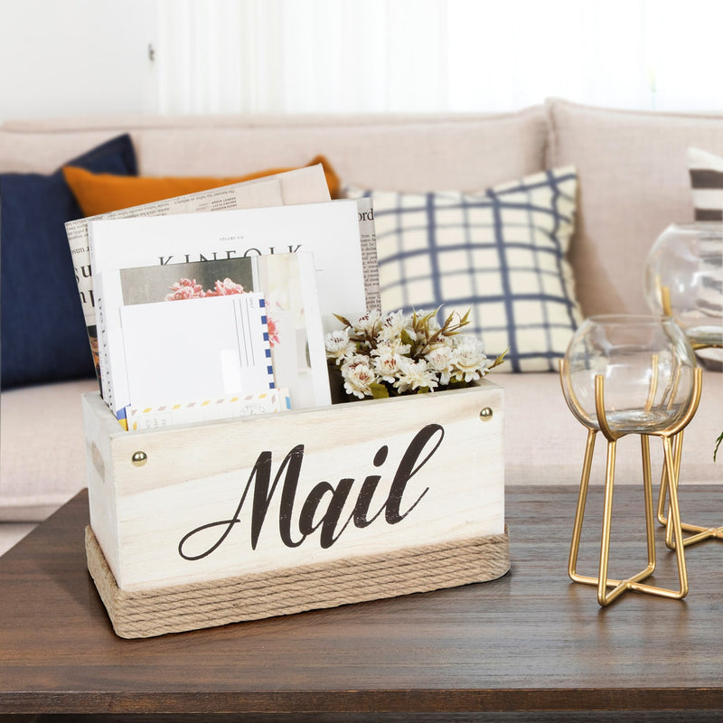 Rustic White Wooden Tabletop Mail Organizer Box for Entryways