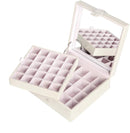 Beige Leather Earring Storage Box with 50 Comparments & Mirror Inside