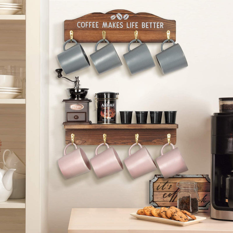 Set of 2 Wall Mount Coffee Mug Rack with 8 Gold Hooks and Shelf