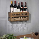 Wall Mount Metal and Wood Wine Bottle Rack with 4 Glass Holder