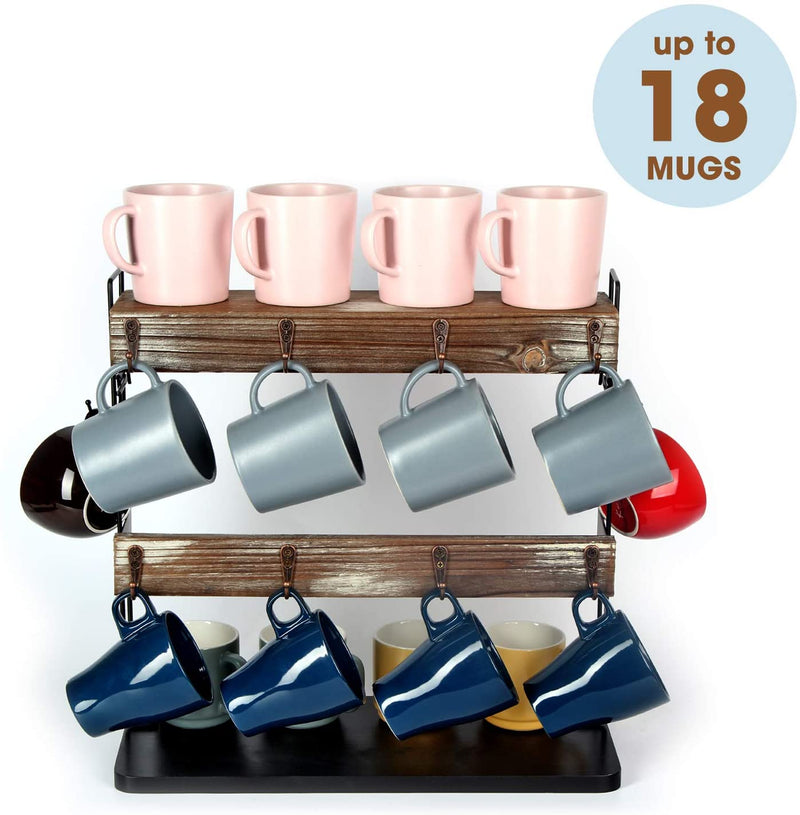 2 Tier Countertop Coffee Mug Cup Holder Shelf with 10 Hooks – J