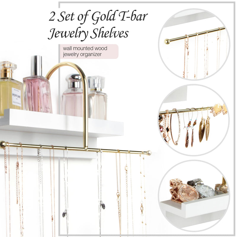 Set of 2 Gold and White Wall Mounted Hanging Jewelry Organizer