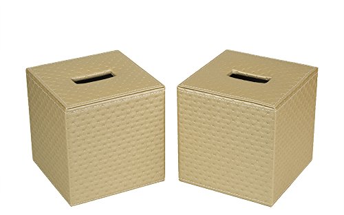 Set of 2 Gold Quilted Faux Leather Square Tissue Box Holder Cover