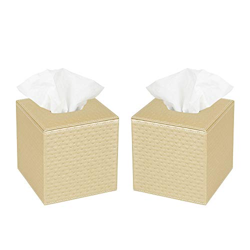 Set of 2 Gold Quilted Faux Leather Square Tissue Box Holder Cover