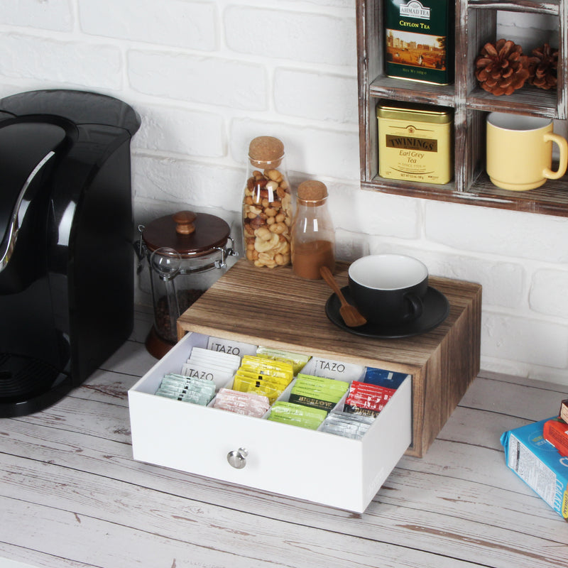 Rustic Wood Tea Bag Storage Box Drawer with 12 Adjustable Comparments