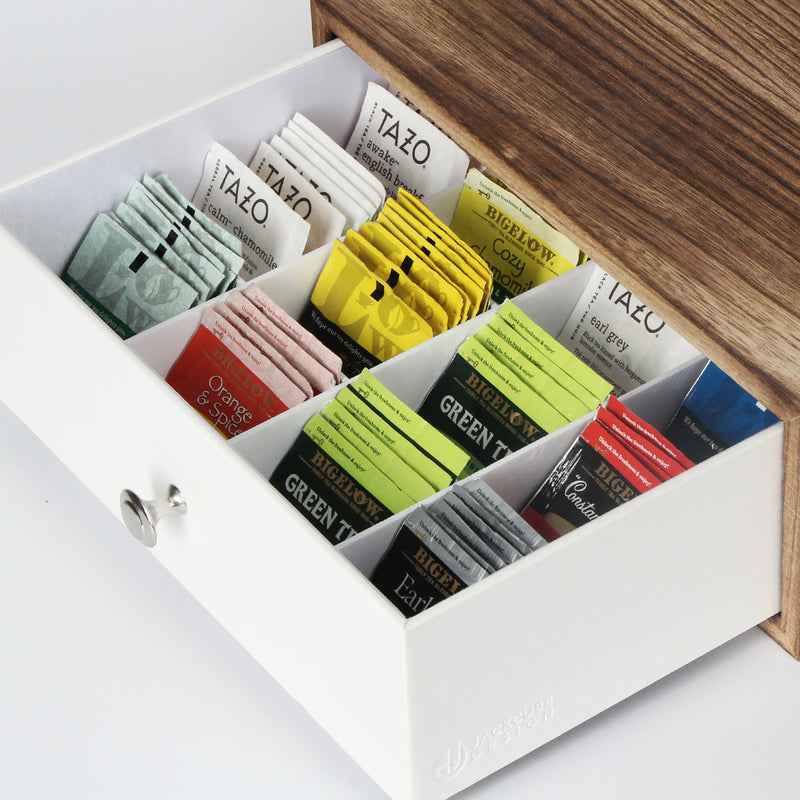 Rustic Wood Tea Bag Storage Box Drawer with 12 Adjustable Comparments