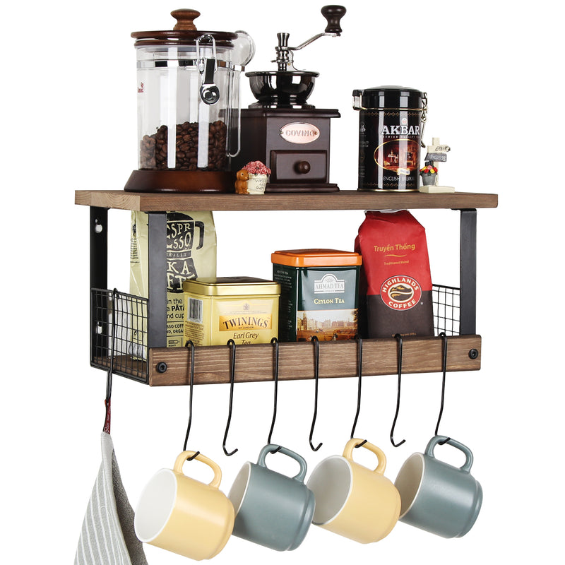2 Tier Rustic Torched Wood Kitchen Storage Shelf with 8 Hooks