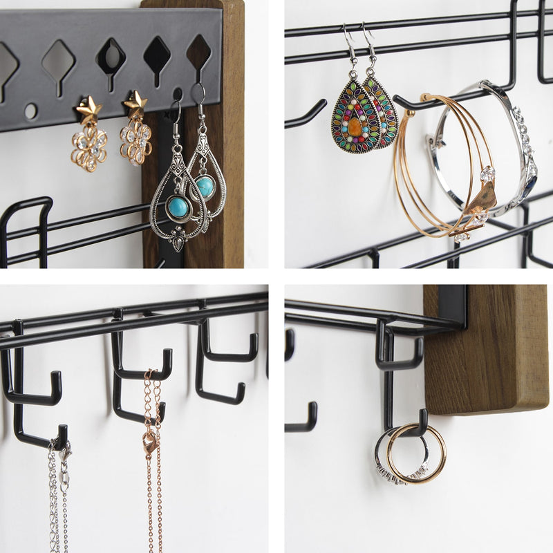 Torched Wood Jewelry Organizer Wall Mount with Metal Hooks