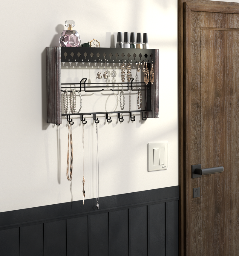 Rustic Wood Jewelry Organizer Wall Mount with Metal Hooks