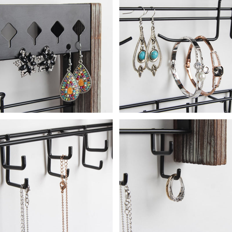 Rustic Wood Jewelry Organizer Wall Mount with Metal Hooks