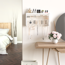 White Wood Jewelry Organizer Wall Mount with Metal Hooks