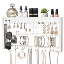 White Wood Jewelry Organizer Wall Mount with Metal Hooks