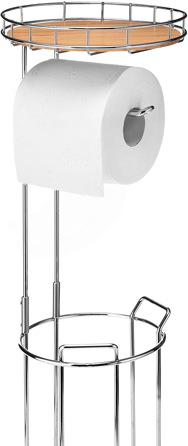 Toilet Paper Holder Stand with Metal Wire Bamboo Shelf