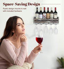 Wall Mount Metal and Wood Wine Bottle Rack with 5 Glass Holder