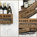 Wall Mount Metal and Wood Wine Bottle Rack with 4 Glass Holder