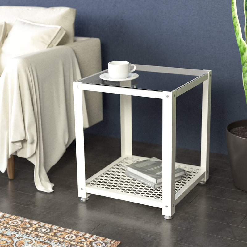 2 Tier Glass White Square End Side Table