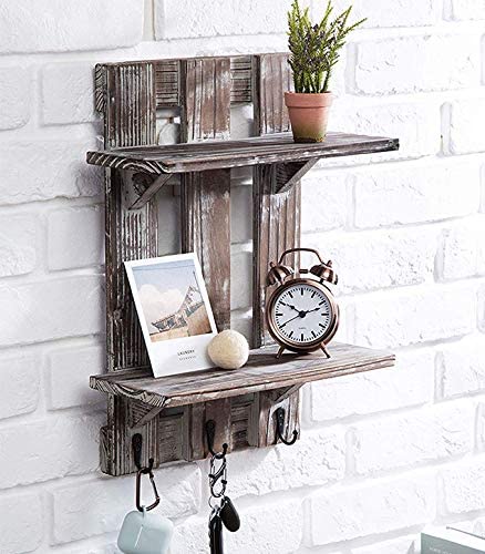 2 Tier Wood Floating Pallet Shelves with 3 Hooks