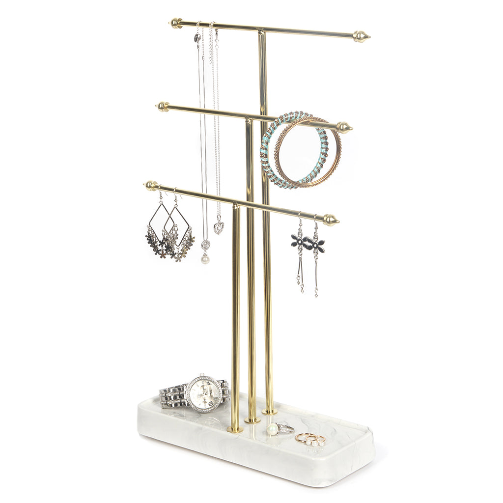 3 Tier Gold Metal Jewelry Display Stand with Marble Tray J JACKCUBE DESIGN