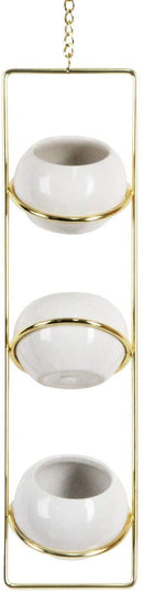 3 Hanging White Ceramic Plant Pot with Gold Metal Hanger