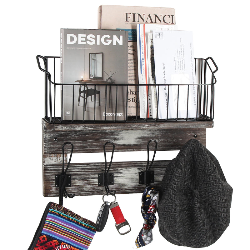 Rustic Wood Entryway Storage Shelf with 4 Hooks and Basket