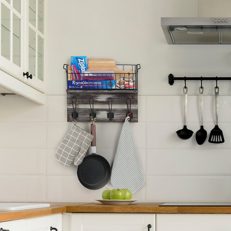 Rustic Wood Entryway Storage Shelf with 4 Hooks and Basket