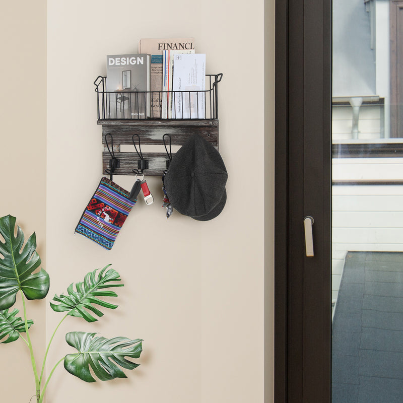 Rustic Wood Entryway Storage Shelf with 4 Hooks and Basket