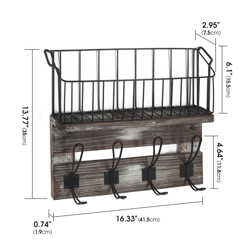 Rustic Wood Entryway Storage Shelf with 4 Hooks and Basket