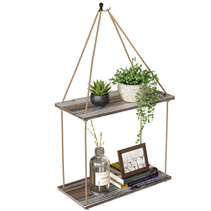 Set of 2 Rustic Wood Rope Hanging Shelves