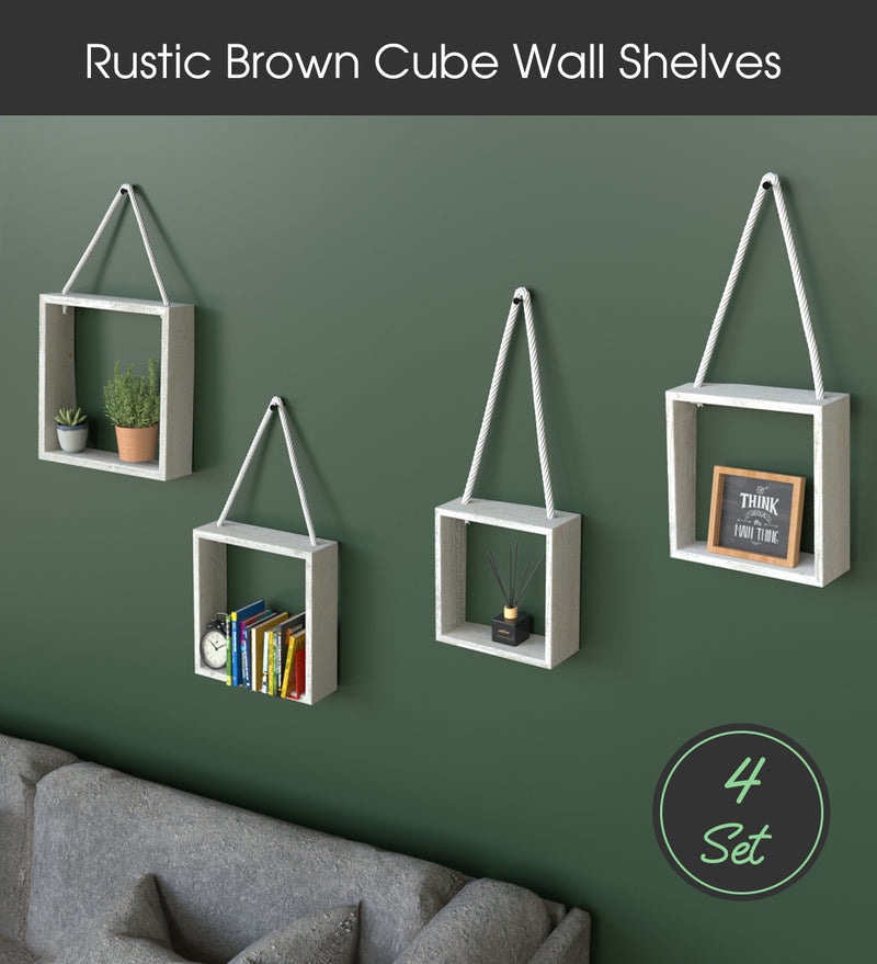 Rustic Square Floating Shelves Set of 4 Wood Wall Shelves, Hanging