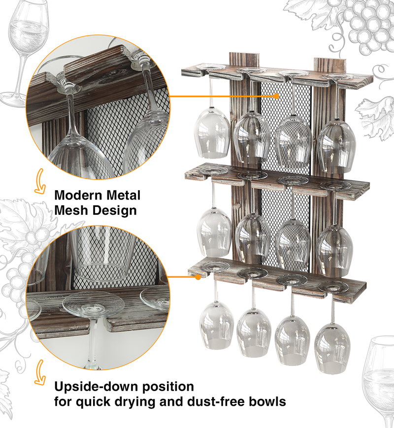 3 Tier 12 Wine Glass Holder Rack with Mesh Wire Insert