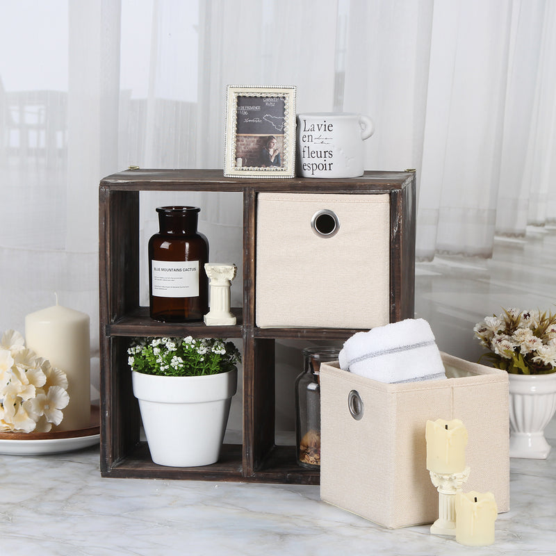 Farmhouse Wooden Bathroom Shelves with 4 Cube Storage & 2 White Baskets