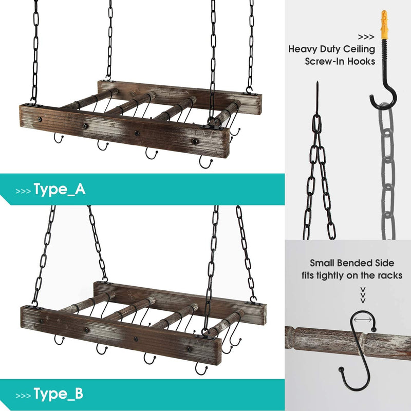 Rustic Wood Pot Pan Ceiling Rack with 16 Hooks