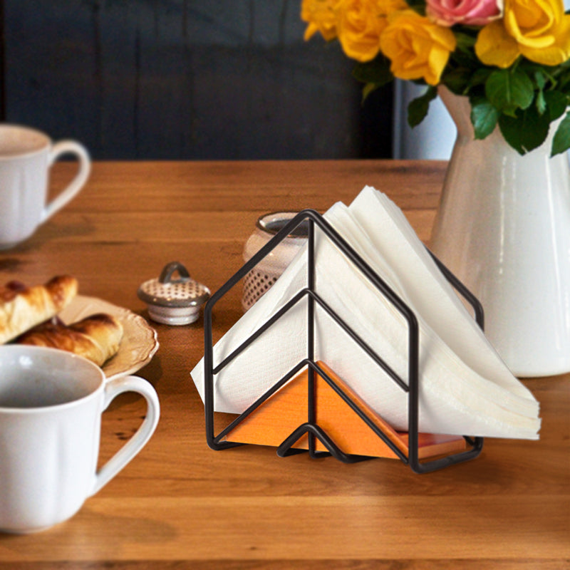 Wooden Napkin Holder with Black Metal Wire