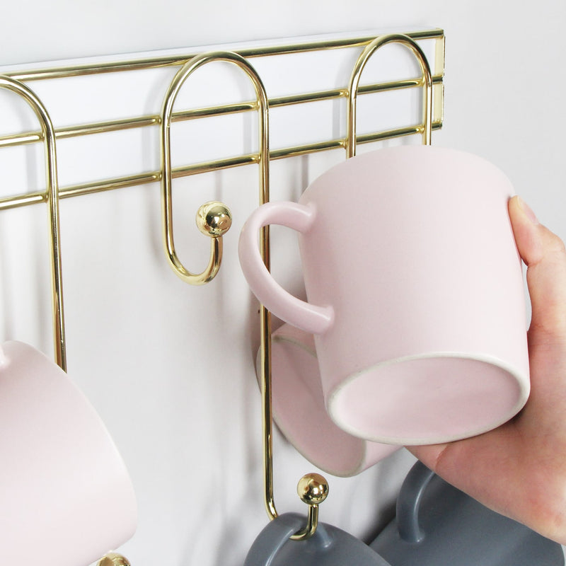 Wall Mounted Coffee Mug Cup Holder Gold Metal Rack- 8 Hooks