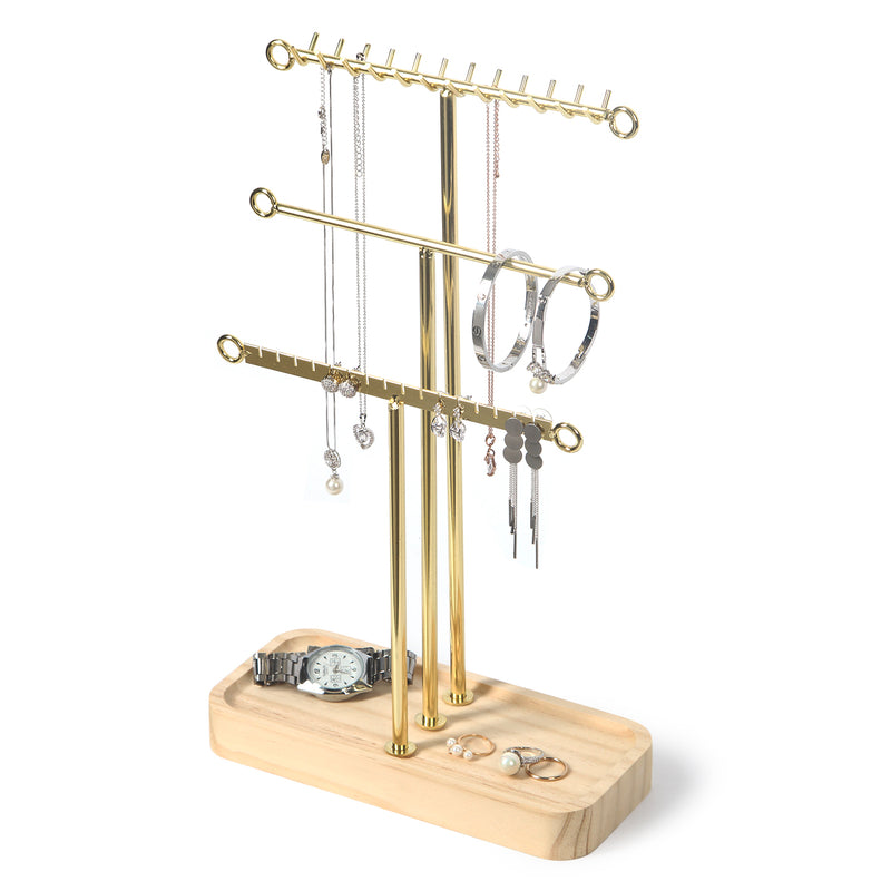 Jewelry Gold Metal Tree Organizer with Wooden Tray