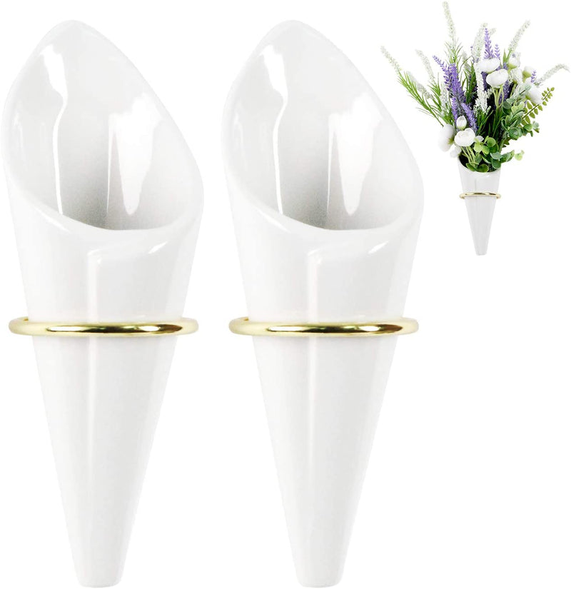 Set of 2 White Ceramic Wall Haning Planter Vase