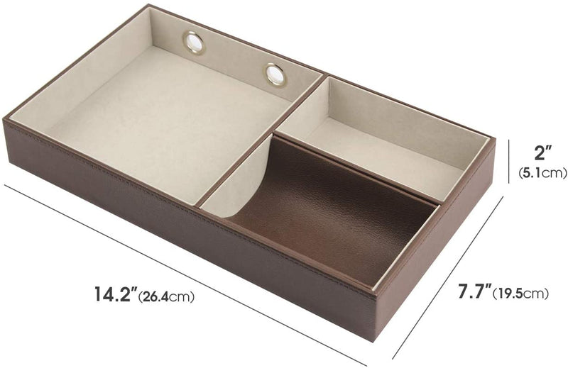 Leather Nighstand Valet Tray with 2 Chargin Holes (Brown)